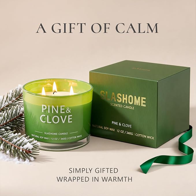 Pine & Clove Scented Candle, Luxury Large 3 Wick Soy Candle 12 Oz, 60+ Hour Long Lasting Clean Burn, Elegant Aromatherapy Home Decor, Housewarming & Birthday Gift for Men & Women