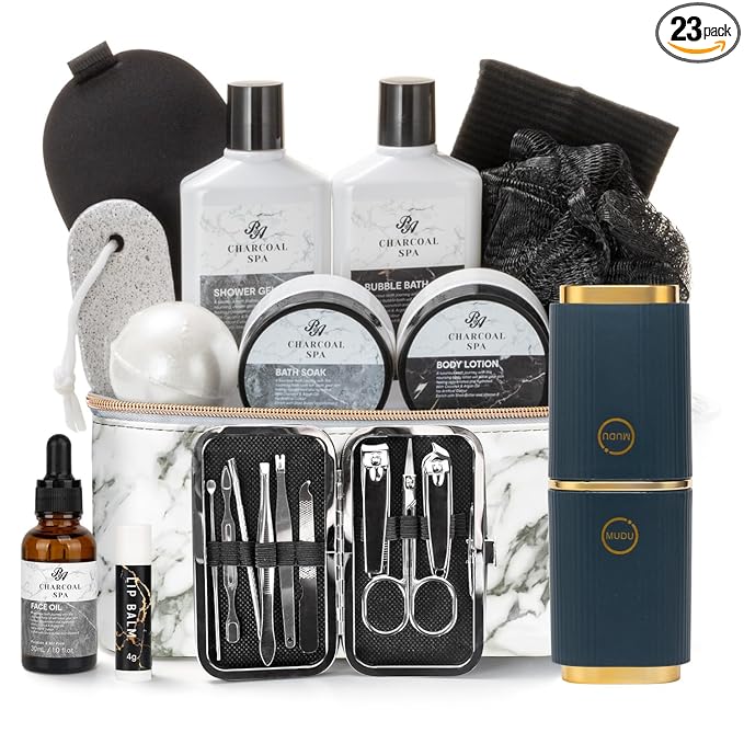 Gifts for Men, 23pcs Fathers Day Gifts for Dad, Spa Gift Basket For Him | Charcoal Bath and Body Gift Basket for Men, Self Care Home Spa Kit, Leather Bag, Skin Care Gift Set, Birthday, Anniversary