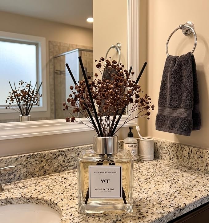 WEALD TRIBE Reed Diffuser Set for Bathroom Air Fresheners with Real Flower, Oil Diffuser Stick | Vanilla Whiskey Scent 5.1 fl oz Home Fragrance with Sticks Defusers | House Bedroom Office Shelf Decor