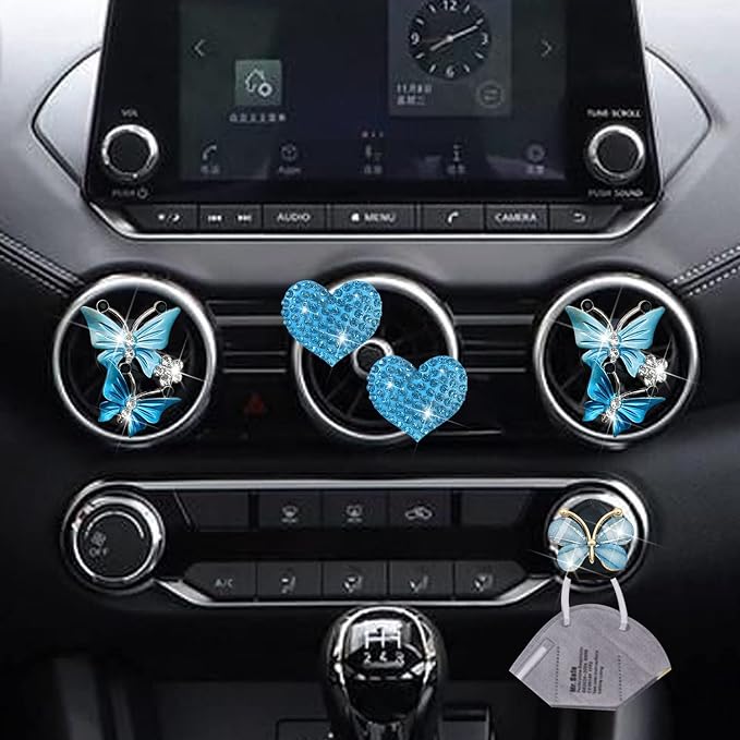 Blue Heart & Butterfly Air Vent Clips, 4 Pcs Bling Heart Air Fresheners Vents Clips Car Diffuser Diamond Interior Decor Charm Cute Accessories + Cute Mask Hook