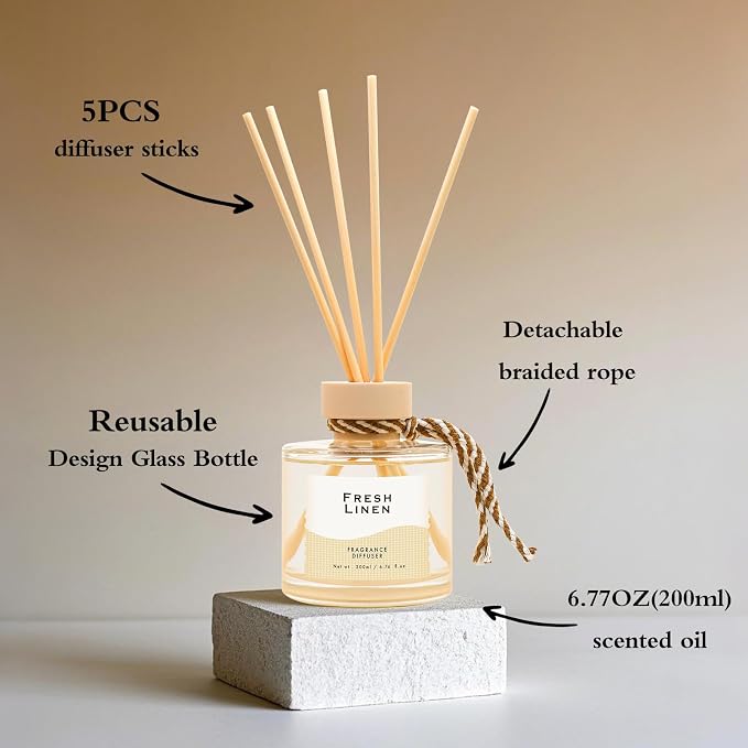 Linen Reed Diffuser, 6.77OZ/200ML Large Capacity Natural Non-Toxic Oil, Long-Lasting Fragrance Reed Diffusers Set for Home and Bathroom, Aroma with 5 Reed Diffuser Sticks