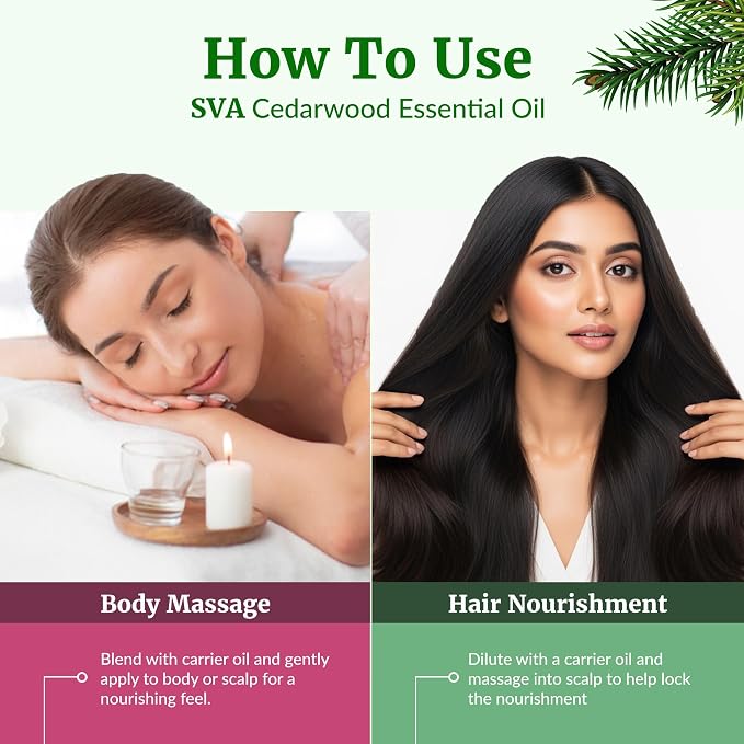 SVA Cedarwood Essential Oil – 4 Fl Oz – 100% Natural Cedar Juniperus Mexicana Oil - for Diffuser, Hair Care, Face, Skin Care, Aromatherapy, Scalp and Body Massage, Soap and Candles – with Dropper