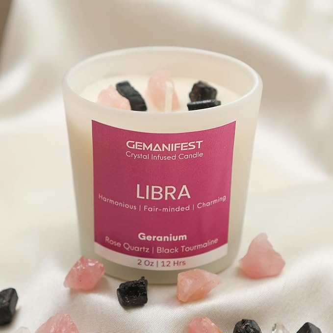Libra Zodiac Candle with Bracelet Birthday Gifts for Libra Women Men Soy Geranium Scented Manifestation Crystal Candles Astrology Gifts Birthstone Candle