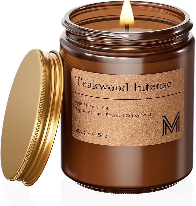 M&SENSE Teakwood Intense Scented Small Candle, 7.5Oz Aromatherapy Candle for Home Fragrance, Soy Wax Candles Gift for Birthday, Housewarming, Amber Jar Candle for Stress Relief, Meditation, Yoga