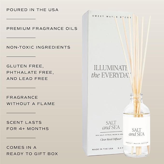Sweet Water Decor Salt and Sea Reed Diffuser Set - Sea Salt, Citrus, Musk, and Amber Summer Scented Diffuser - Scent Diffusers for Home, Long Lasting Fragrance, Made in the USA