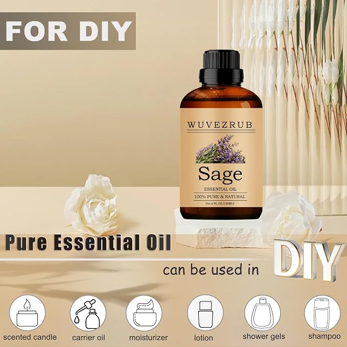 Sage Essential Oils 120ML, 100% Pure and Natural Essential Oil for Aromatherapy Diffuser - 4 Fl Oz/Sage