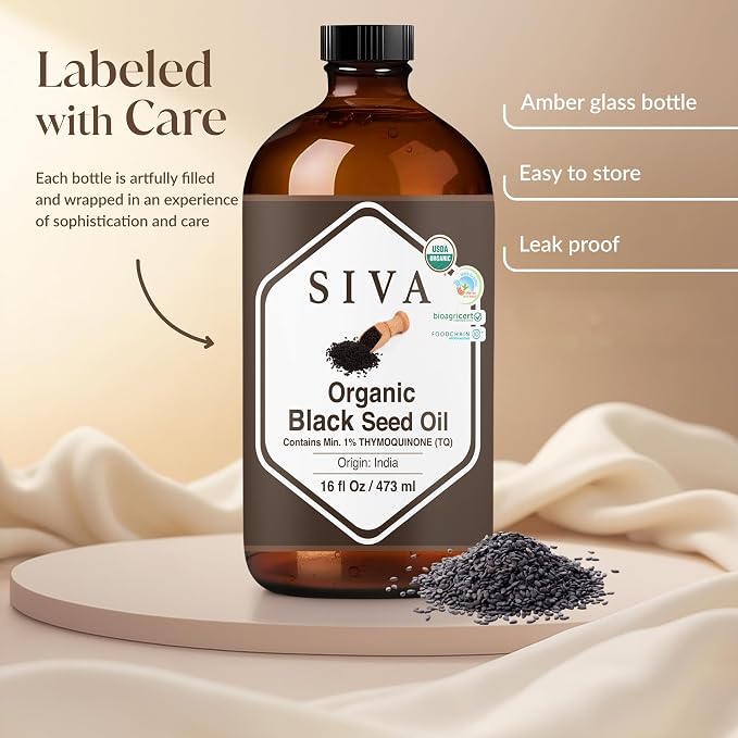 Siva Black Seed Organic Oil 16oz (473ml) Premium Cold-Pressed Organic Carrier Oil for Face, Skin Care, Body Massage, Hair Care, Hair Oiling & Scalp Massage