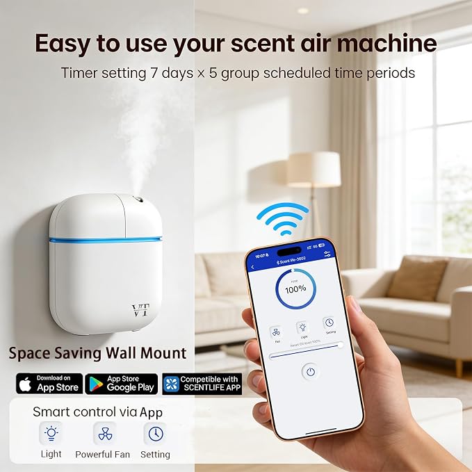 Waterless Essential Oil Diffuser 3000 Sq.Ft,Home Hotel Office Use,Cold Air Scent Machine,(Scent Kit 2*Fragrances Included) Bluetooth App Control,LED Light,Wall-Mounted Aroma Diffuser