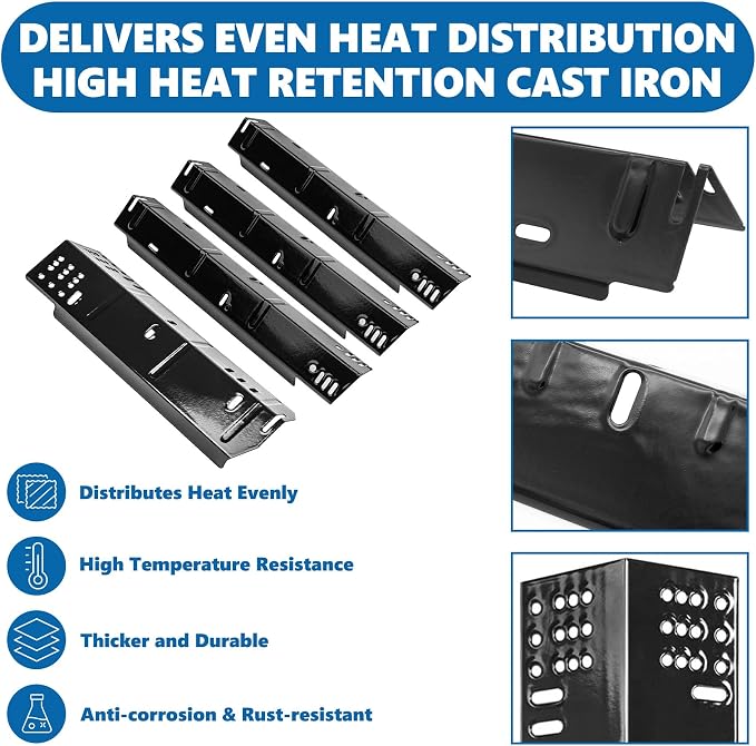 SafBbcue Grill Replacement Parts for dyna-glo 4 Burner DGH450CRP DGH450CRP-D Grills, Cast Iron Grill Grates, Porcelain Steel Heat Plates, Grill Parts Kit for Dyna-Glo 4 Burner Grill