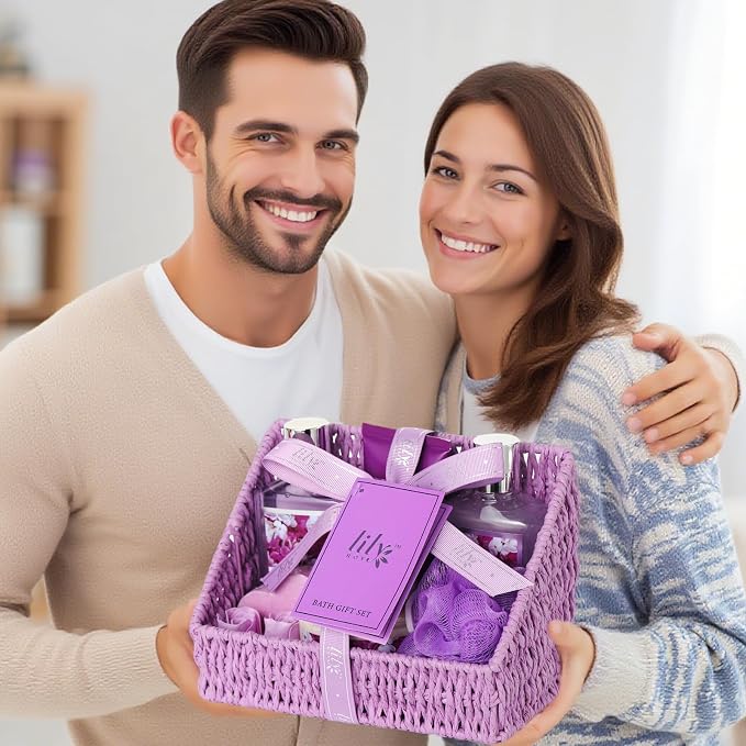 Gifts for Women, Birthday Gift - 9 Pcs Lavender Bath and Body Gift Basket, Set Spa Gift Basket for Women, Gift Baskets, Spa Kit | Christmas, Mothers Day, Valentines Day Gift Set for Her All Occasion