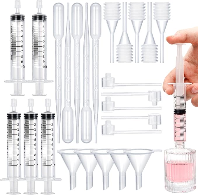 25pcs Perfume Refill Tool Kit,Plastic Perfume Dispenser Transfer Tools,Travel Refill Tool Set for Liquid Cologne Fragrance Sample Essential Oils (Clear, 10ml/25pcs)