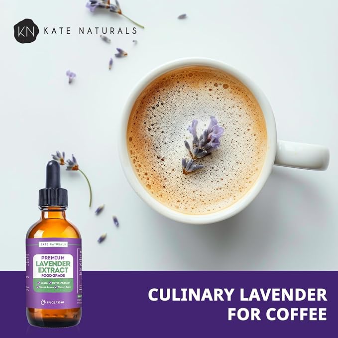 Kate Naturals Lavender Extract for Baking, Drinks, Coffee, Lattes. Food Grade Lavender Oil for Flavoring & Cooking (1oz, Sugar Free)
