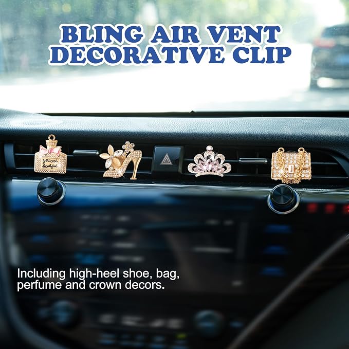 Rislobx 4PCS Bling Air Freshener Vent Clip, Crystal Diamond High Heel Shoe Bag Crown Perfume Bottle Diffuser Vent Clip Cute Car Bling Accessories Decoration for Women (Gold)