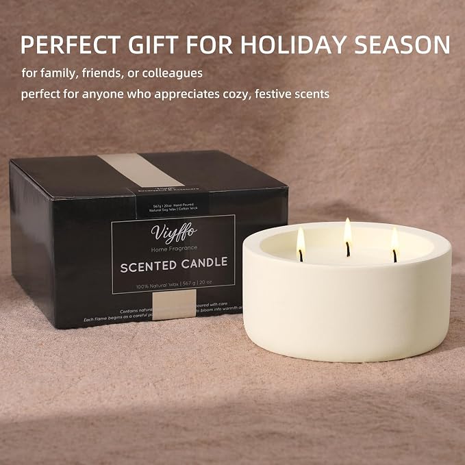 Viyffo 20oz Large Scented Candle – Vanilla Fragrance, 3 Wick Non Toxic Soy Candle, Ivory White Ceramic Jar, Luxury Home Fragrance, Elegant Spring Décor & Premium Birthday Gift