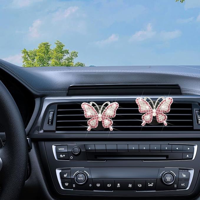 Bittwee 2PCS Bling Butterfly Car Freshener Air Vent Clips, Sparkling Crystal Rhinestone Auto Diffuser Clamps, Full Diamond Vehicle Interior Decoration Charm for Women Girls, Universal Fit（Pink）
