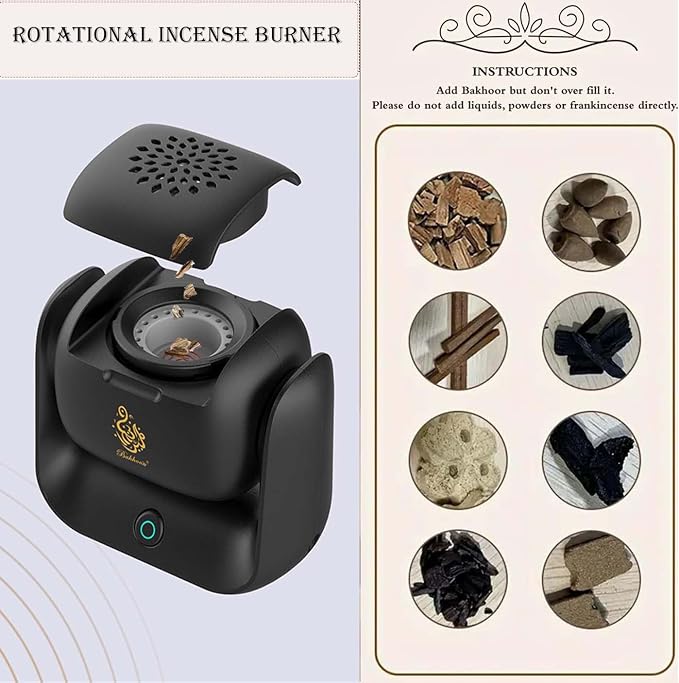 Luxury Electric Bakhoor Burner 2025 Portable USB Type-C Rechargeable Mini Incense Diffuser Arabic bakhoor Muslim Incense Holder for Car and Home,B36 Black