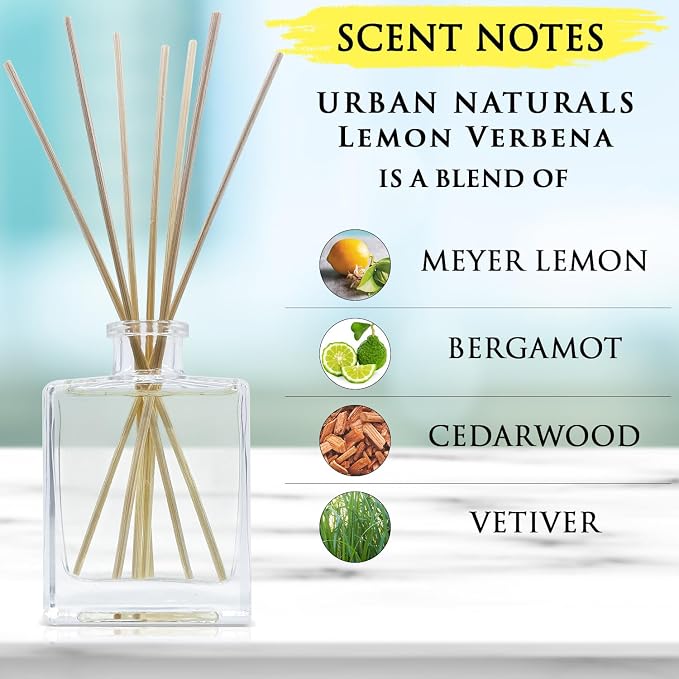 Urban Naturals Lemon Verbena Reed Diffuser Set with Reed Sticks – Tart Citrus with Bergamot & Greens – Sleek Rectangular Refillable Glass Bottle – Made in the USA