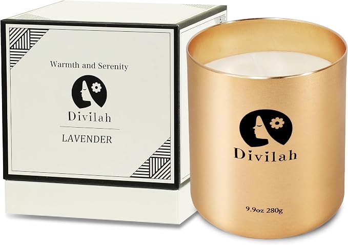 Lavender Scented Candles, 65 Hour Long Lasting Non Toxic Natural Soy Wax in Gold Aluminum Jar, Luxury Large Home Decorative Scented Candle, Relaxing Aromatherapy Gift for Women & Men, 9.9oz