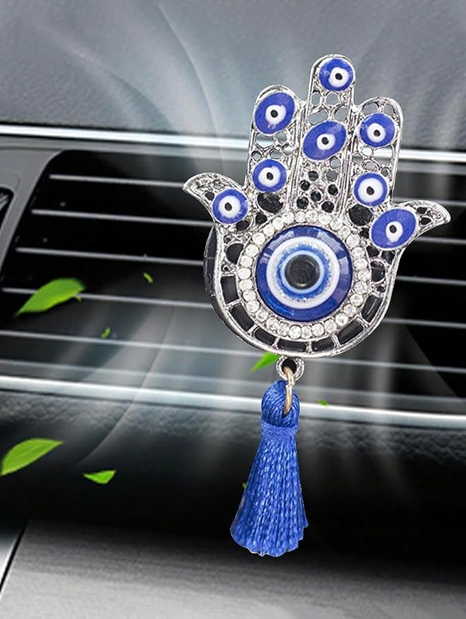2pcs Hamsa Evil Eye Car Air Freshener – Handmade Boho Chic Vent Clip with Tassel & Essential Oil Diffuser. A charm for protection, travel & home. for yogis, drivers & mystic souls.