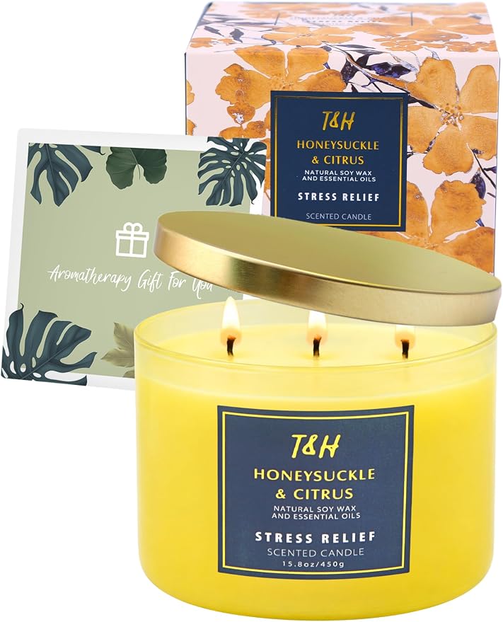 Honeysuckle Citrus Scented Soy Candle | Large 3-Wick Candle for Home, 15.8 oz | Fresh Floral Citrus Candle | Summer Candles for Women & Men | Thank You & Hostess Gifts for Women
