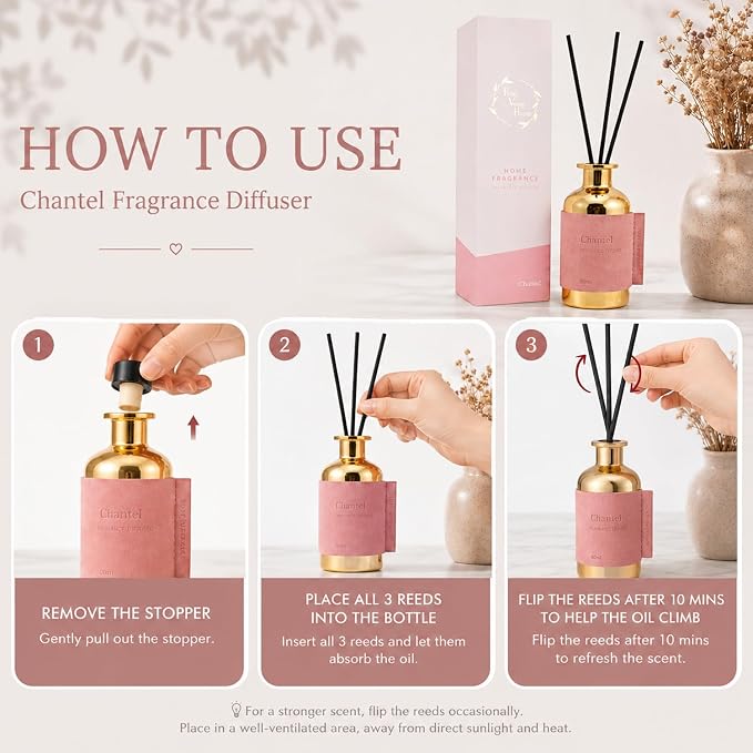 Reed Diffuser Set/Chantel / 2.7oz / Scented Diffuser with Reed Sticks, Long Lasting Home Fragrance for Room Diffuser, Bathroom Shelf Decor
