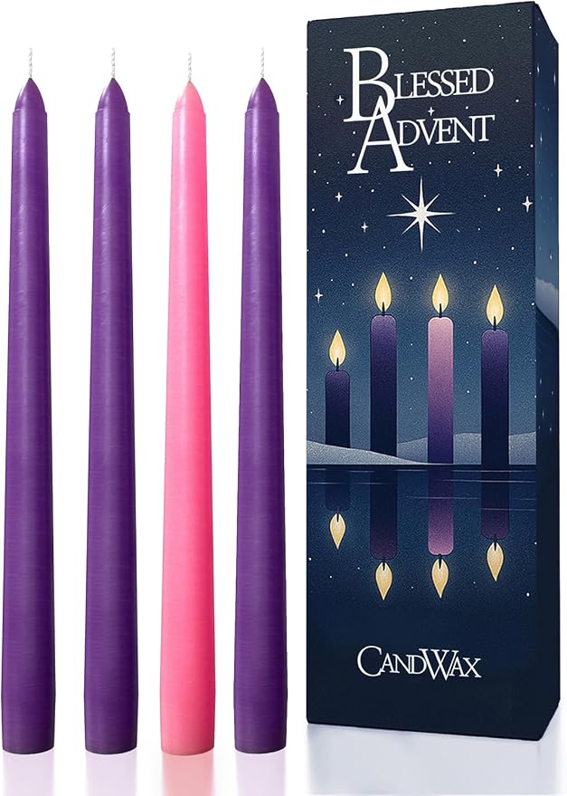 CANDWAX 12 Inch Advent Taper Candles Set of 4 - Long Burning Dripless Unscented Tapers - Perfect for Advent Wreaths, Christmas Décor - 3 Purple Tapers, 1 Pink Tapered Candle