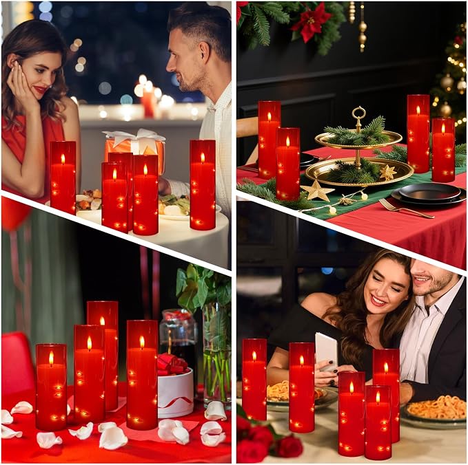 24-Pack Flameless LED Candles with Star String Lights - Red Acrylic Pillar, Realistic Flickering, Remote Control & Timer for Home Decor, Wedding, Christmas