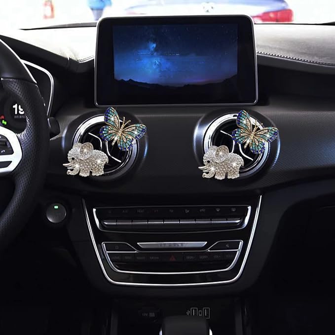 Bling Butterfly Air Vent Clips, 4 Pcs Crystal Elephant Air Fresheners, Diffuser Rhinestone Decoration Cute Interior Decor Accessories for Women
