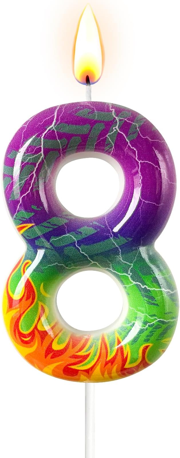 Number 8 Birthday Candle for Cake – Purple Green Flame Design with Lightning & Tire Track Pattern – Off-Road Truck Theme Cake Topper for Birthday Party Decoration