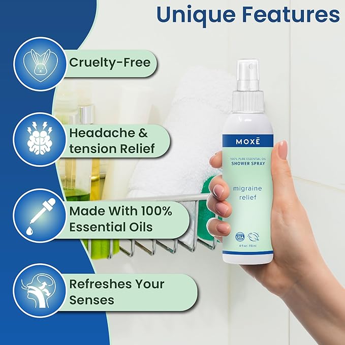 MOXE Migraine Relief Aromatherapy Shower Spray, Essential Oils for Headaches & Tension Relief, Natural 100% Essential Oils, Pure & Undiluted, Peppermint, Spearmint, Eucalyptus, Tea Tree, Made in USA
