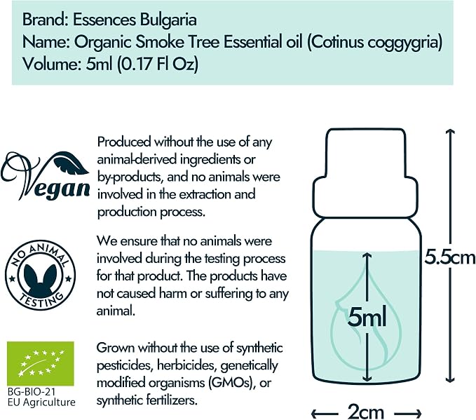 Essences Bulgaria Organic Smoke Tree Essential Oil 1/6 Fl Oz | 5ml | Cotinus coggygria | 100% Pure and Natural | Undiluted | Therapeutic Grade | Family Owned Farm | Steam-Distilled | Non-GMO | Vegan