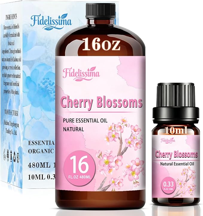 Fidelissima Natural Essential Oil Set,5 Scents Gift Kit –Cherry Blossom,Lavender,Rose,Jasmine,Lotus,Fragrance Oil for Diffuser,Candle Soap Making,Personal Care with Glass Dropper