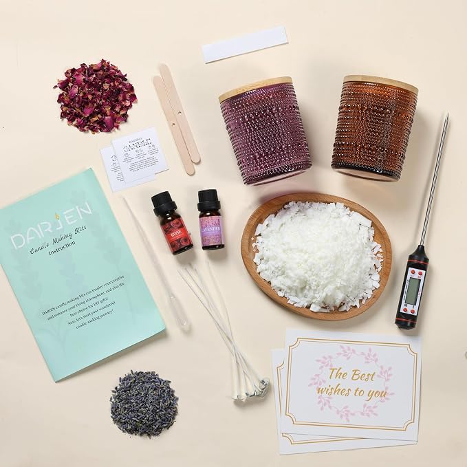 DARJEN Candle Making Kits for Beginners, DIY Starter Scented Candles Making Kit - 2 Glass Jars(Purple, Amber), Soy Wax, Scented, Card & More, Full Soy Candle Making Supplies Set Perfect Gifts