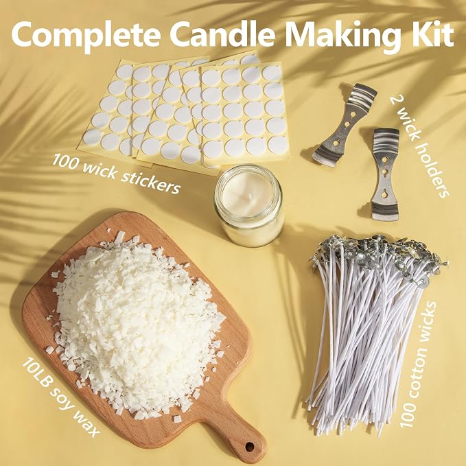 FUHITIM Soy Candle Wax for Candle Making 10 lbs Bag, Premium Natural Soy Wax Flakes, No additives and Pure, 100 Cotton Candle Wicks, 100 Wick Stickers, & 2 Centering Devices
