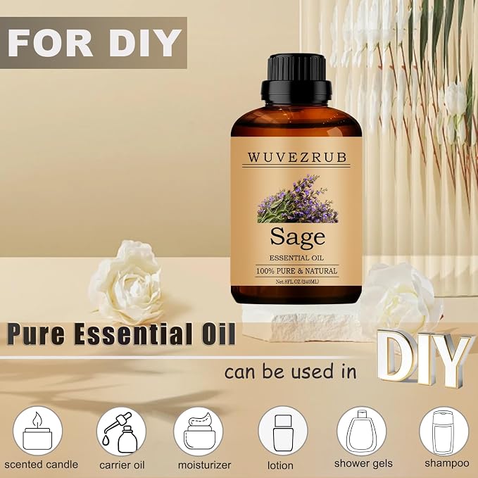 Sage Essential Oils, 240ML Pure and Natural Essential Oil for Aromatherapy Diffuser - Sage /8 Fl Oz