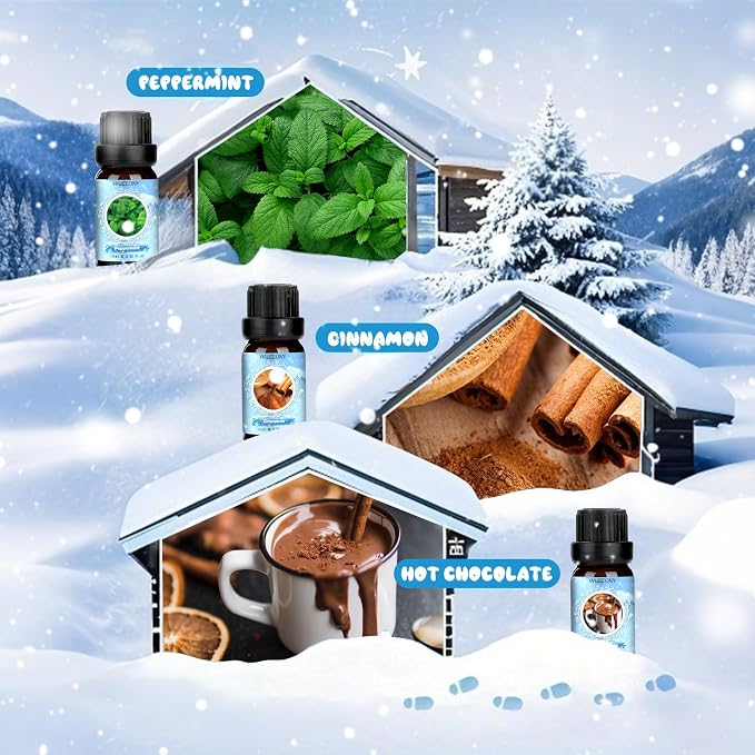 WUSEONY Winter Essential Oil for Diffusers Home, Holiday Fragrance Oils Set, Scented Oil Gift Set for Candle Soap Making - Christmas Wreath, Gingerbread, Mistletoe, Peppermint, Cinnamon, Hot Chocolate