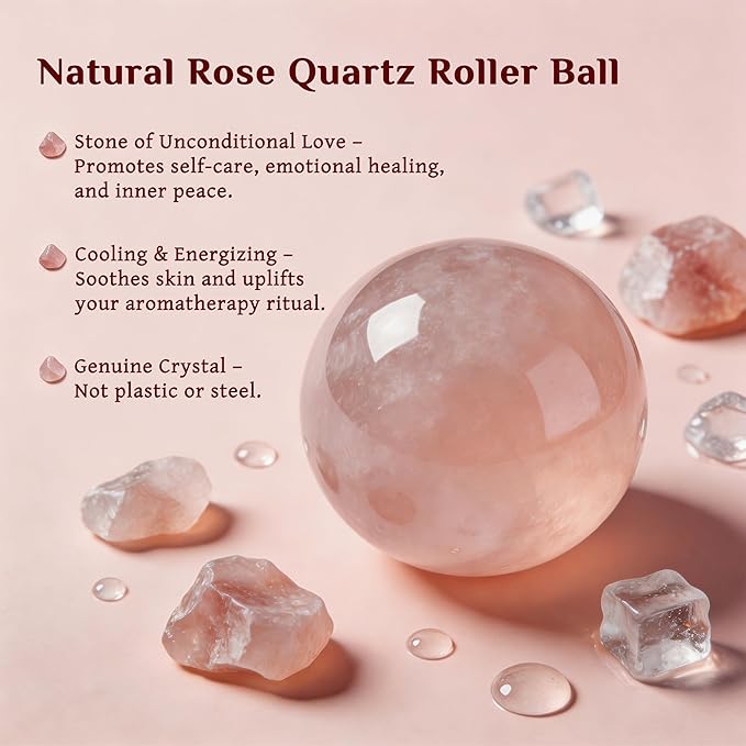 PrettyCare Rose Quartz Roller Bottle for Castor Oil – 50ml Refillable Amber Glass Roll On Bottle with Natural Rose Quartz Roller Ball, Leak-Proof Roller Ball Applicator for Essential Oils, Perfume