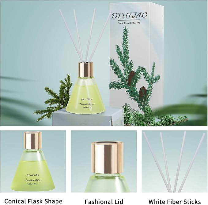 Norwegian Cedar Scent Diffuser with 8 White Fiber Sticks,3.38 oz Reed Diffuser for Room Decoration,Last Up 30 Days