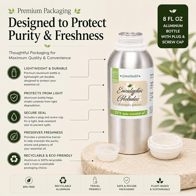 GreenHealth Eucalyptus Essential Oil – 8 fl oz (237 ml) – 100% Pure & Natural – Aromatherapy Oil in Aluminum Bottle with Plug Cap – for Diffuser, Cleaning, Home Fragrance, DIY Use