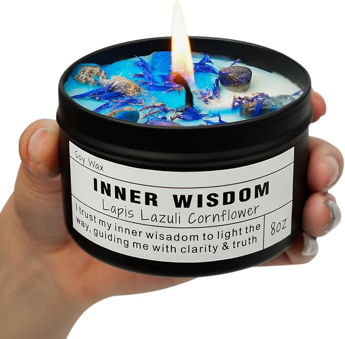 Inner Wisdom Candle – Lapis Lazuli Intuition Ritual | Third Eye Chakra | Clarity | Self-Trust | Spiritual Gift | Vegan Soy Crystal Candle (8 oz).