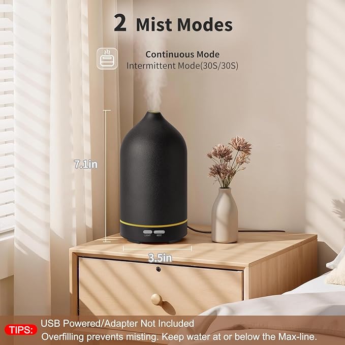 URPOWER 120ML Essential Oil Diffuser, Ultrasonic Aromatherapy Diffuser with Sleek Black Ceramic Design, 7-Color LED Lights, Auto Shut-Off, Humidifier for Home & Office, Scent Diffuser for Relaxation