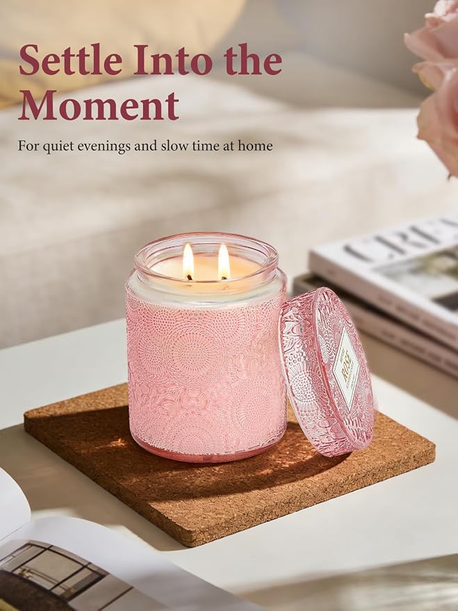 Cirhy Rose Scented Candle, Pink Candle for Women – Natural Soy Wax, Dual Cotton Wicks, 50-Hour Long Burning, Perfect Birthday, Christmas & Holiday Gift for Her, Home Fragrance 7.4 oz