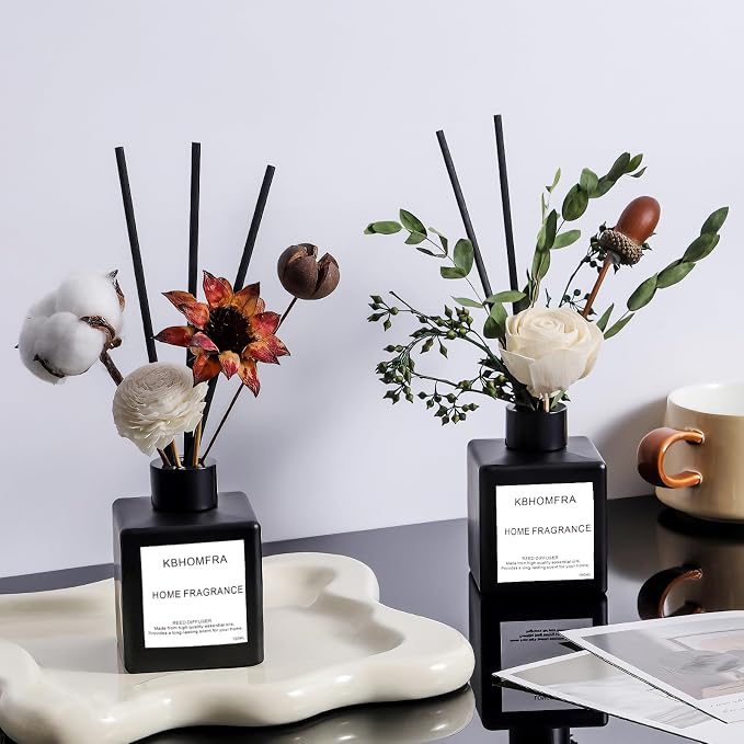 Reed Diffuser Set with Dried Flowers, Jasmine Gardenia Sandalwood Scent, Black Glass Bottle, 5.07fl oz, Aromatherapy Home Fragrance for Bedroom Bathroom (Lime Basil Citrus)
