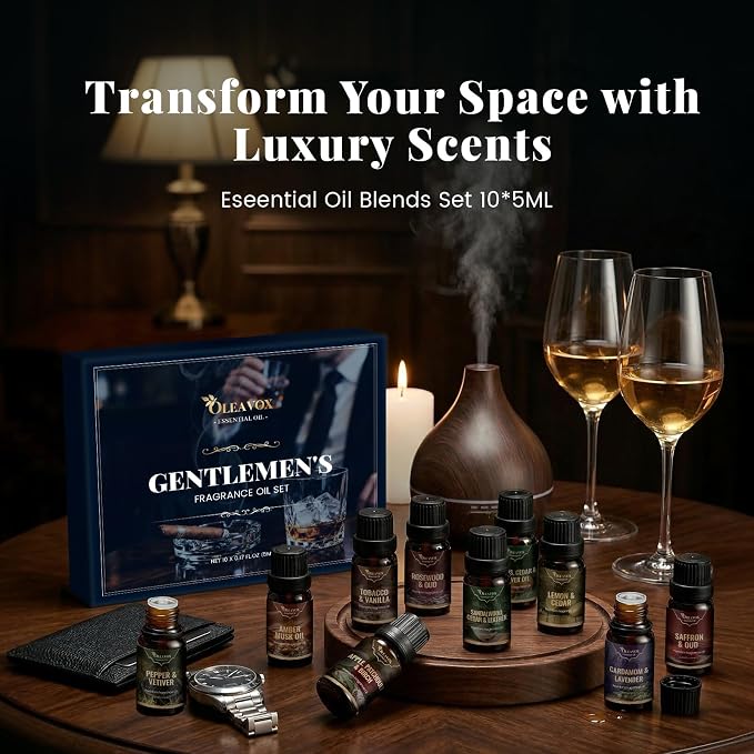 Men Essential Oils Set, Gift for Father, Masculine Fragrance Oils Blends for Diffuser, Candle & Soap Making, Car Diffuser Scents, Sandalwood Cedar&Leather, Tobacco&Vanilla More 10x5ml