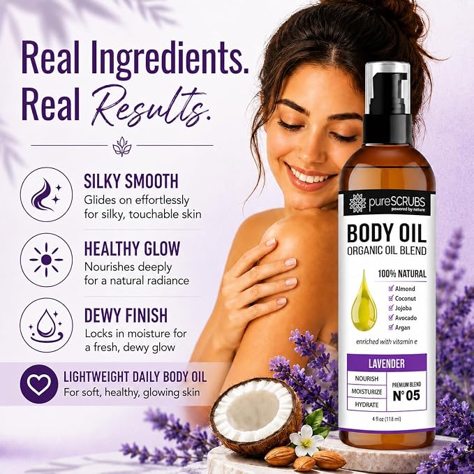pureSCRUBS Ultra Moisturizing Lavender Body Oil for Dry Skin, Lightweight Full Body Moisturizer for Soft, Silky Skin, Massage & Cuticle Oil, Vitamin E Enriched, 4 oz