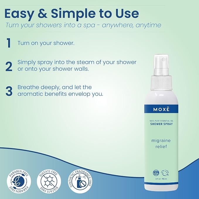 MOXE Migraine Relief Aromatherapy Shower Spray, Essential Oils for Headaches & Tension Relief, Natural 100% Essential Oils, Pure & Undiluted, Peppermint, Spearmint, Eucalyptus, Tea Tree, Made in USA