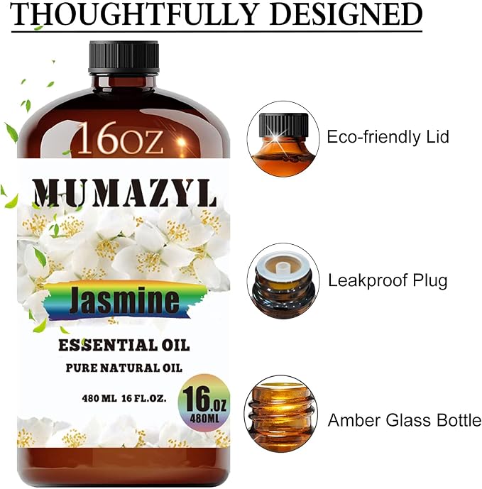 Jasmine Essential Oil, Jasmine Oil 16 Fl Oz 480ML for Diffuser Humidifier Yoga Cleaning DIY Candle Soap Making MUMAZYL Essential Oils