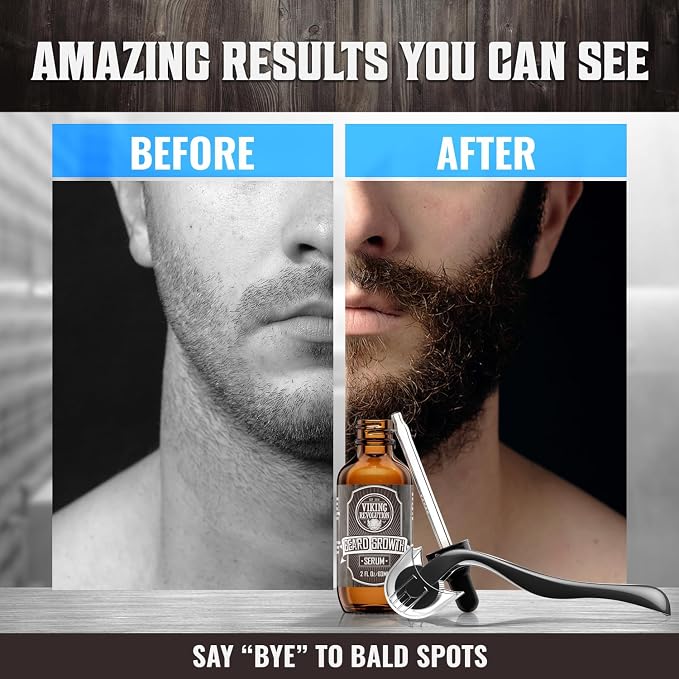 Beard Growth Kit - Oil, Balm, Serum, Derma Roller & Wooden Comb for Beard & Mustache Growth