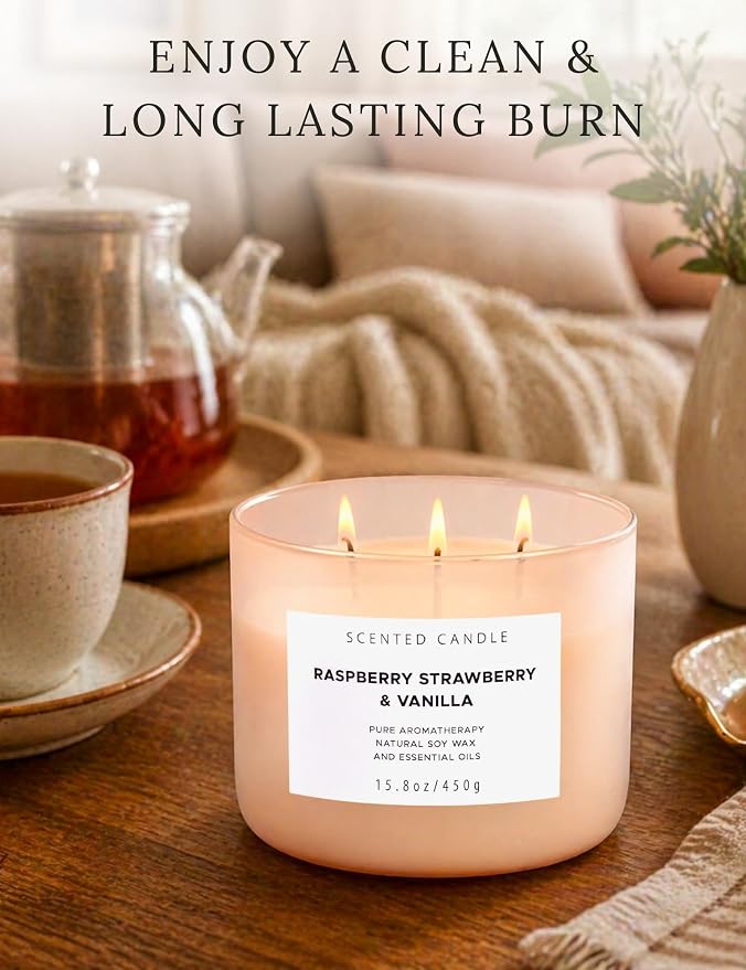 Raspberry Strawberry Vanilla 3-Wick Scented Soy Candle 15.8 oz | Large Sweet Berry Vanilla Scented Candle for Home | Relaxing Aromatherapy Candle | Strong Throw & Long Lasting