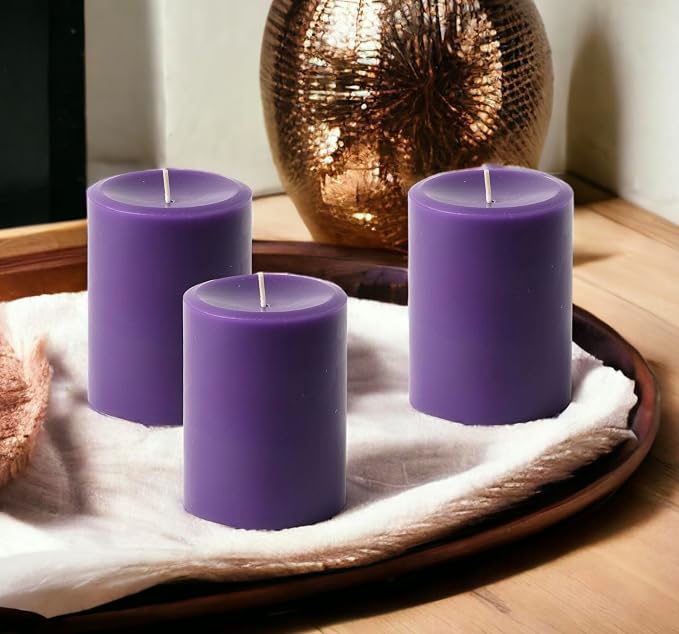 Mister Candle Dripless Unscented Purple Pillar Candles, Set of 3 Hand Poured Solid Color Non-Scented Candles for Home Decor, Premium Wax, 60 Hr Burn Time - 3x4 Inch, Purple